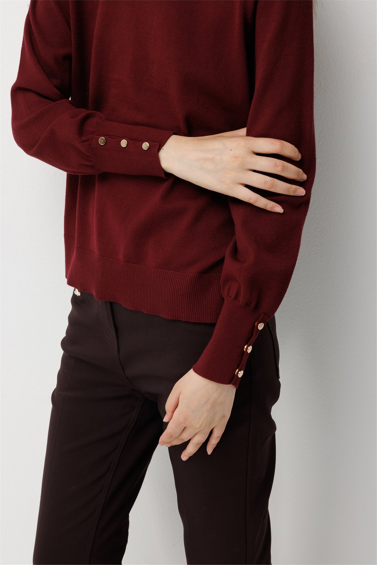 On Kadın Sıfır Yaka Basic Triko Kazak 10315 Bordo - 3