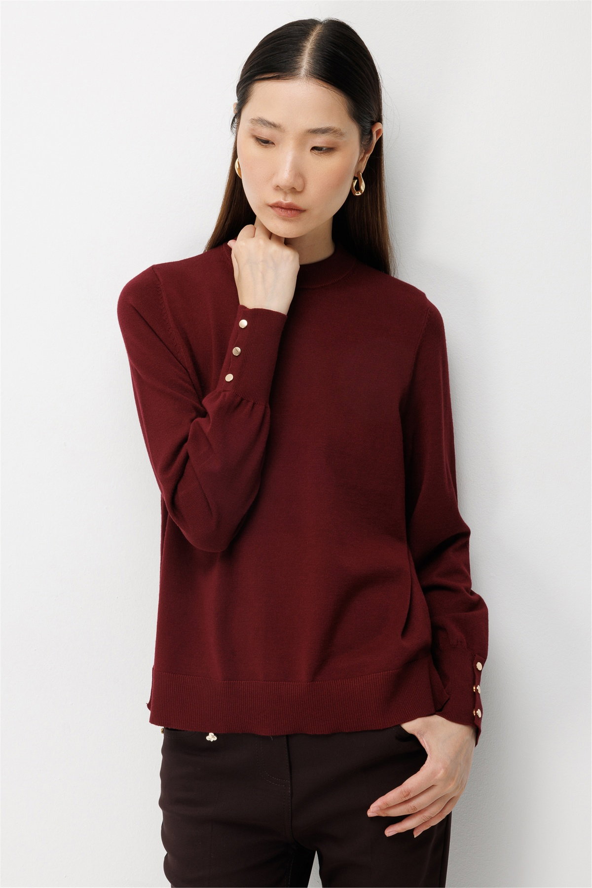 On Kadın Sıfır Yaka Basic Triko Kazak 10315 Bordo - 4