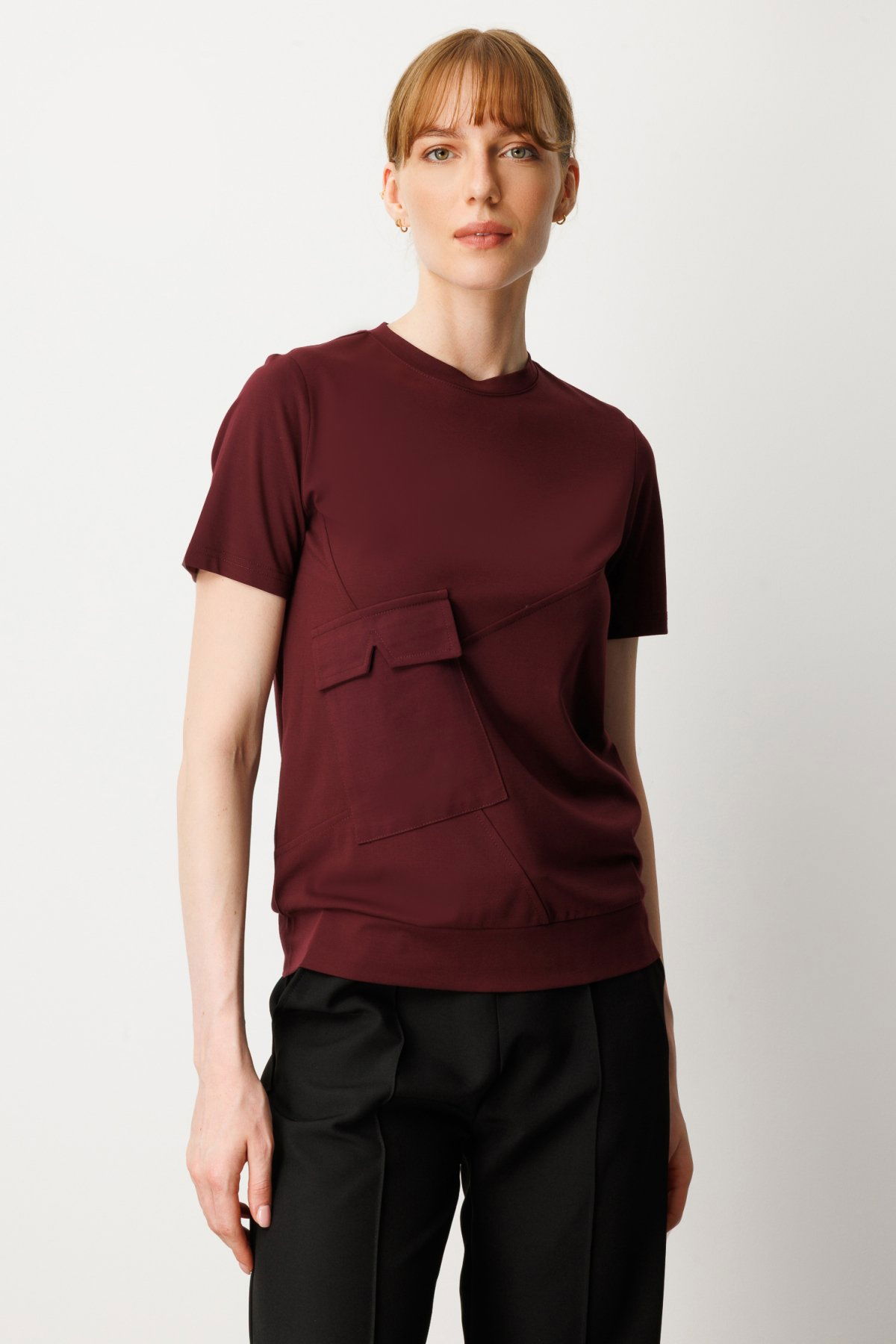 On Kadın Sıfır Yaka Cepli T-Shirt 61340 Bordo - 1