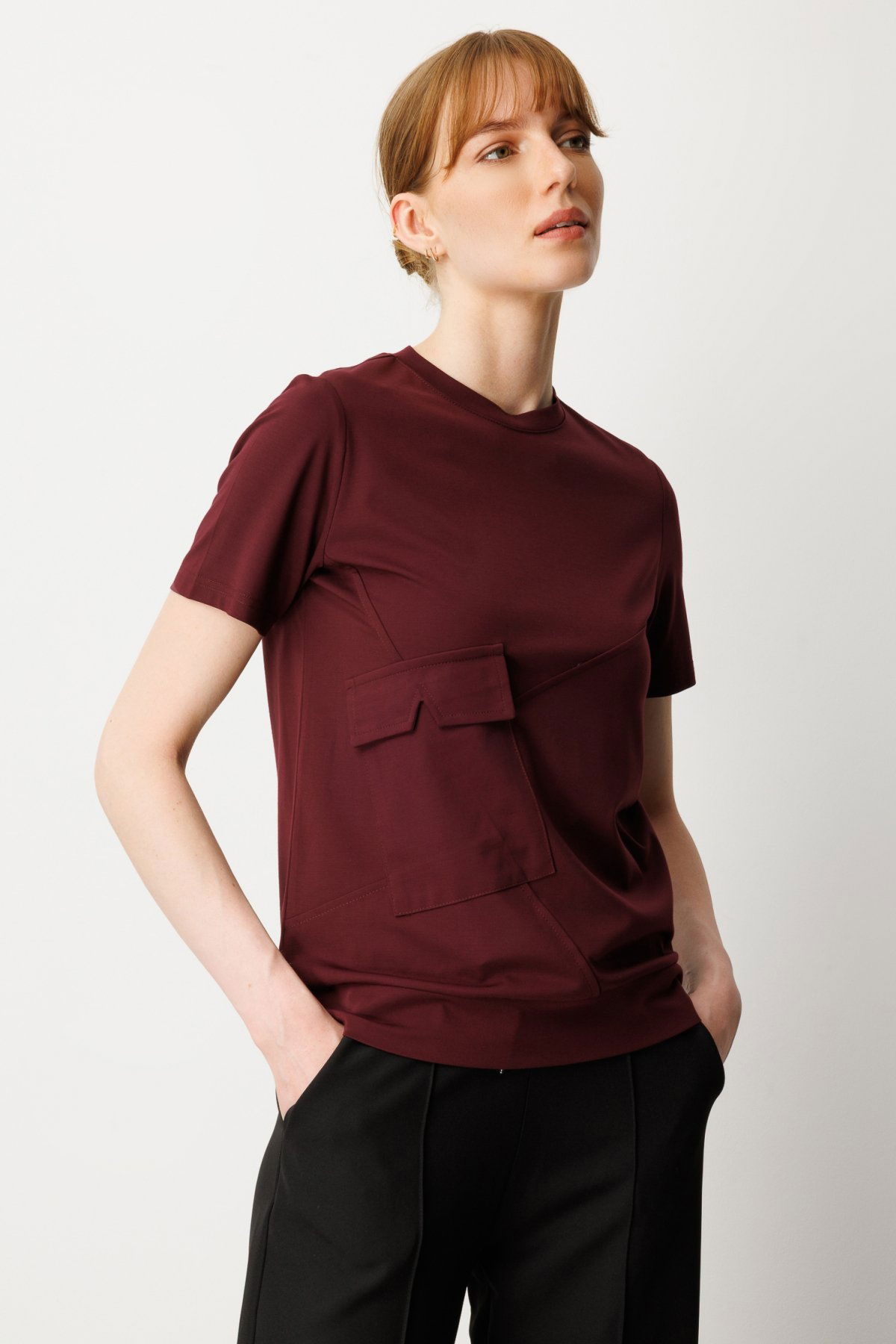 On Kadın Sıfır Yaka Cepli T-Shirt 61340 Bordo - 2