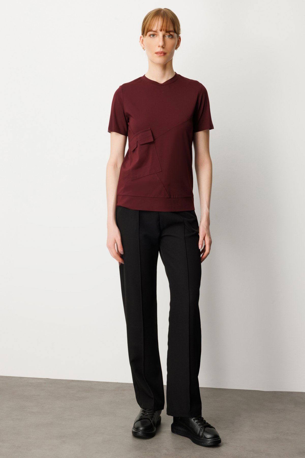 On Kadın Sıfır Yaka Cepli T-Shirt 61340 Bordo - 3