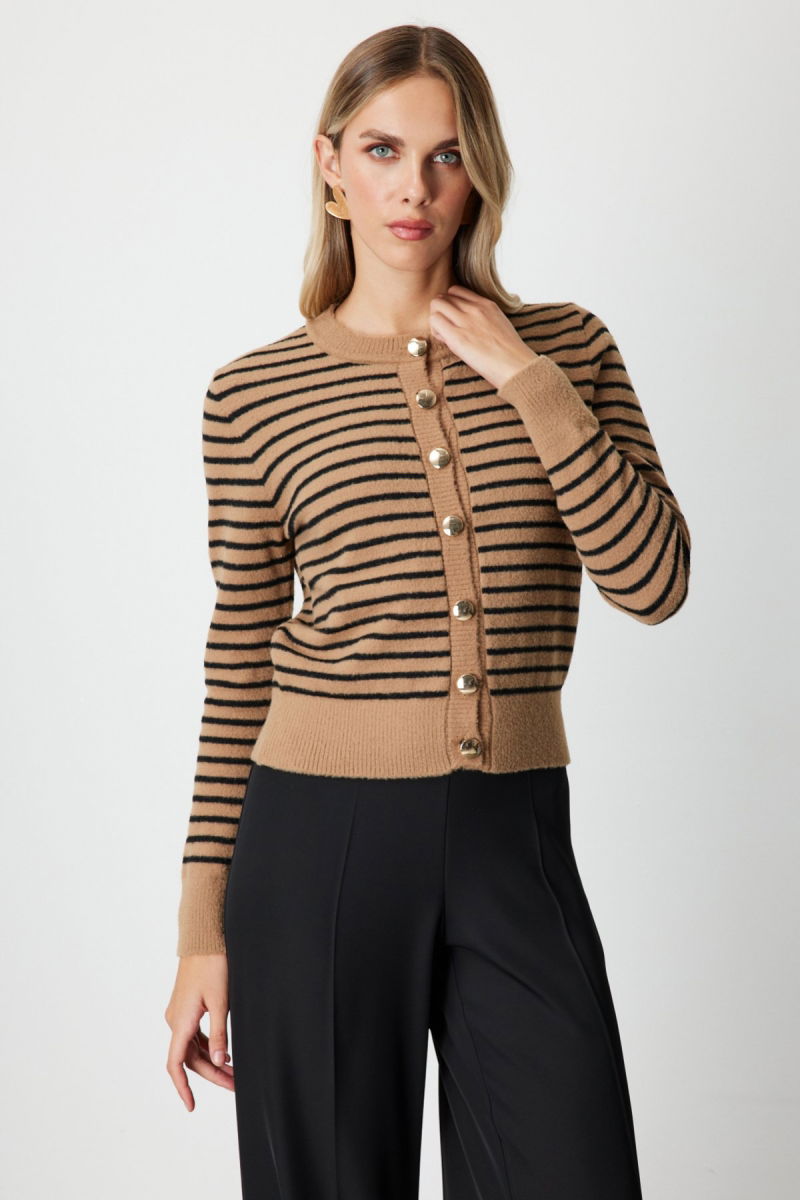 On Kadın Sıfır Yaka Çizgili Hırka 63901 Camel - 2