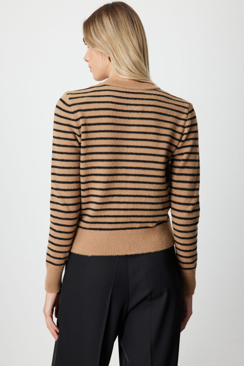 On Kadın Sıfır Yaka Çizgili Hırka 63901 Camel - 4