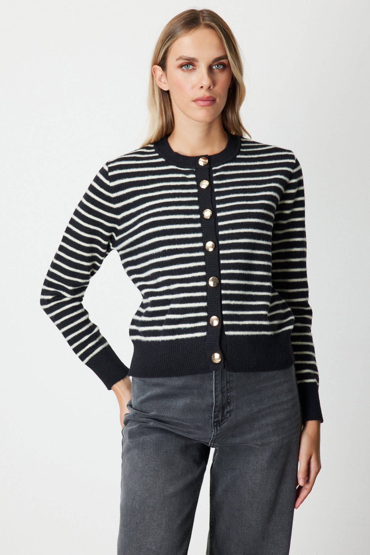 On Kadın Sıfır Yaka Çizgili Hırka 63901 Siyah - 1