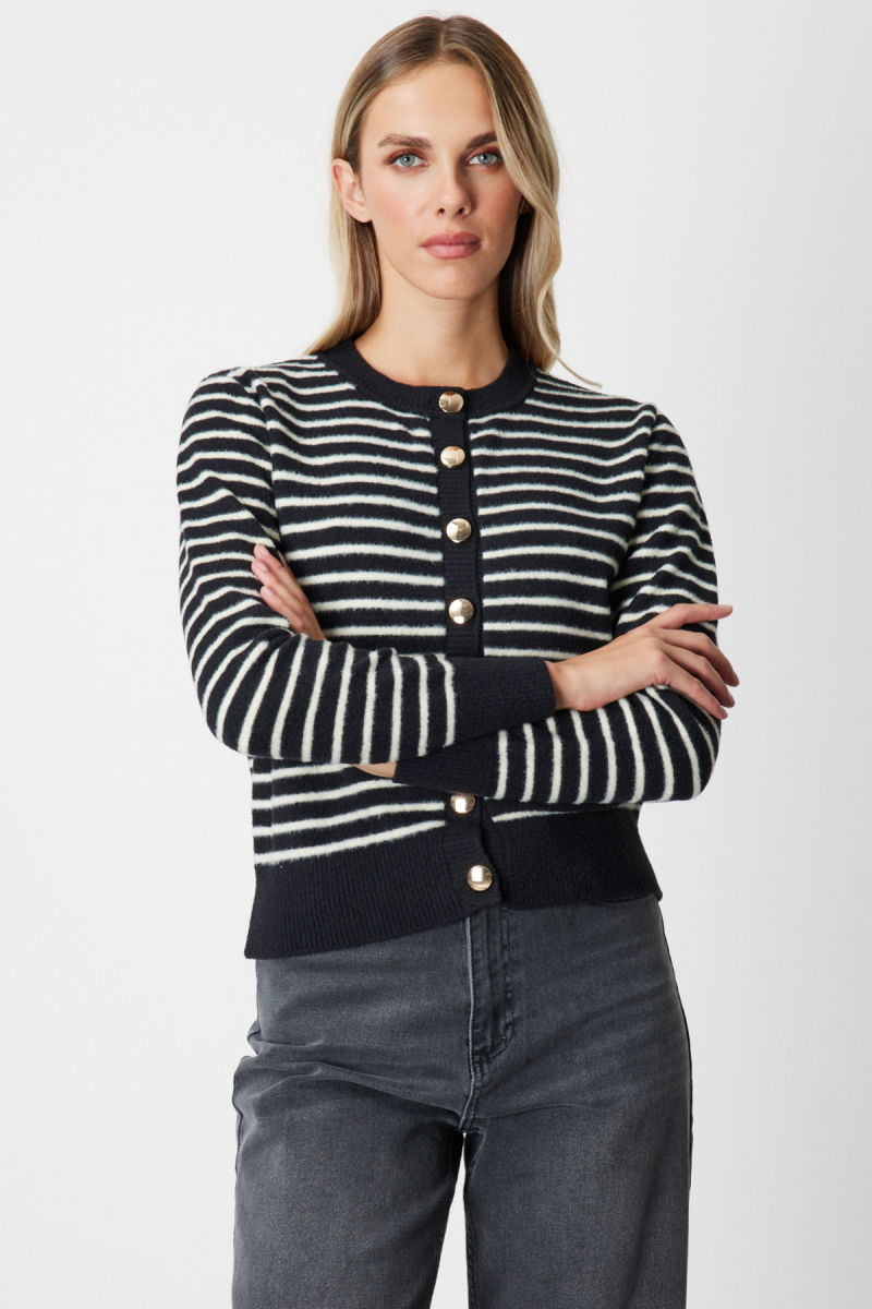 On Kadın Sıfır Yaka Çizgili Hırka 63901 Siyah - 2