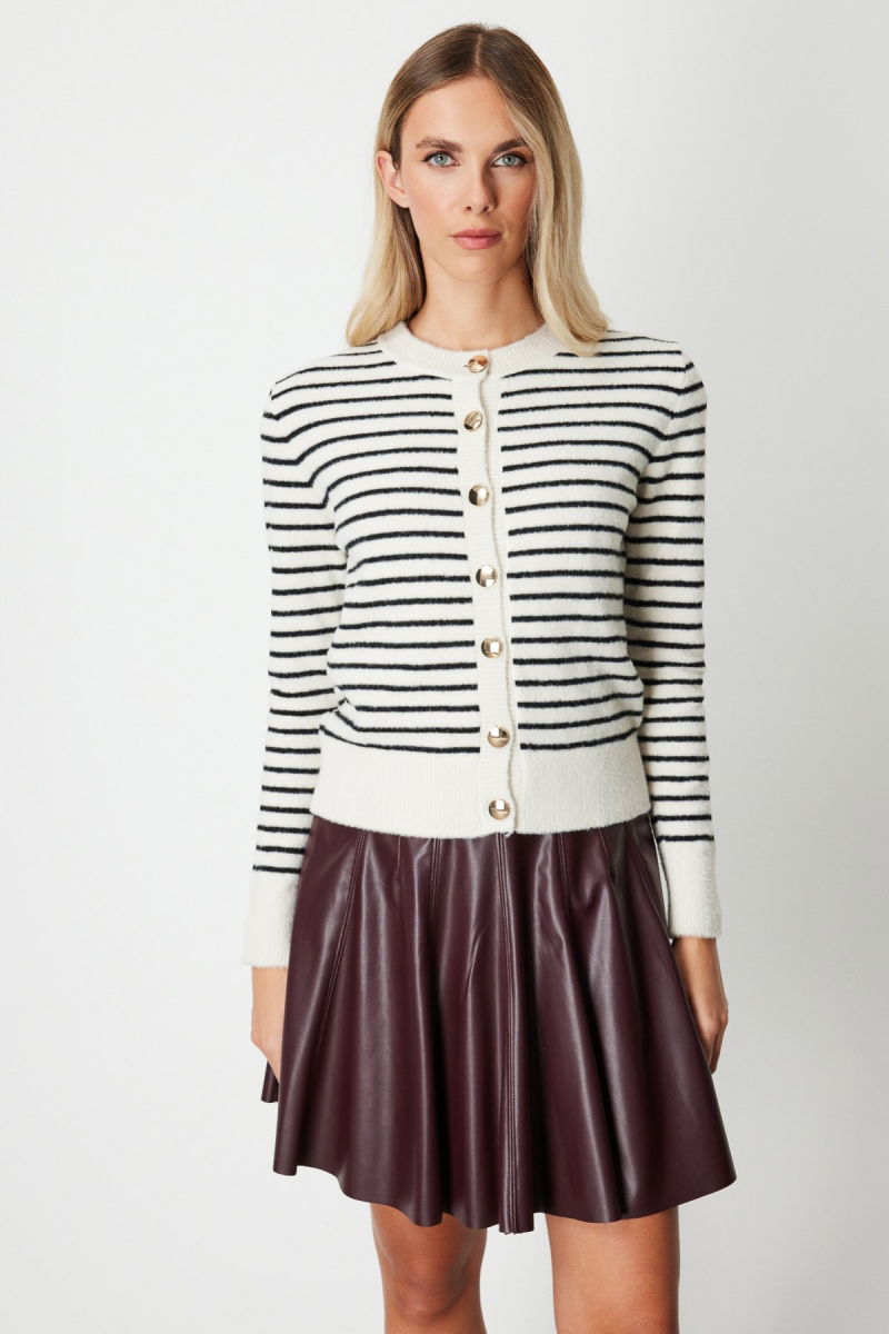 On Kadın Sıfır Yaka Çizgili Hırka 63901 Taş - On