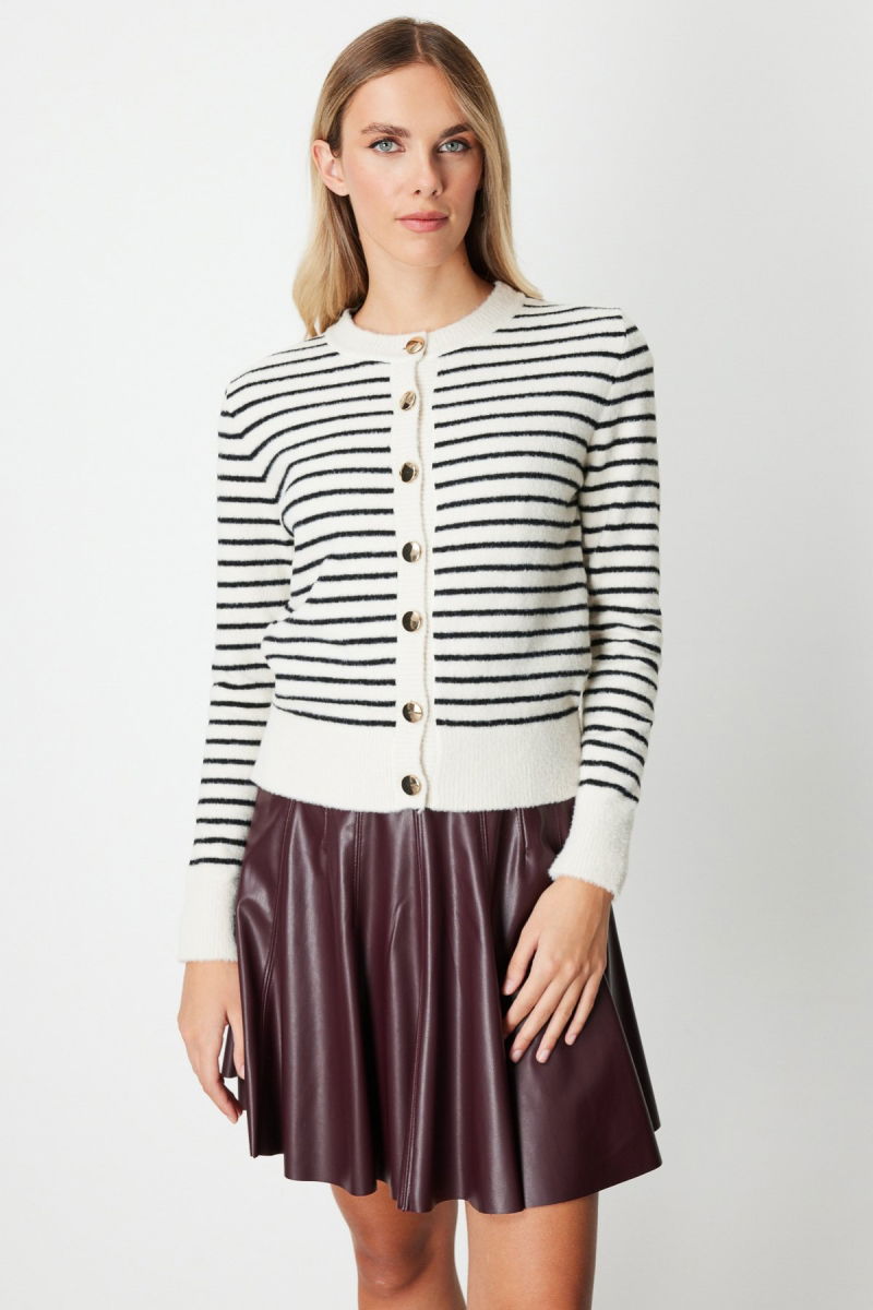 On Kadın Sıfır Yaka Çizgili Hırka 63901 Taş - 2