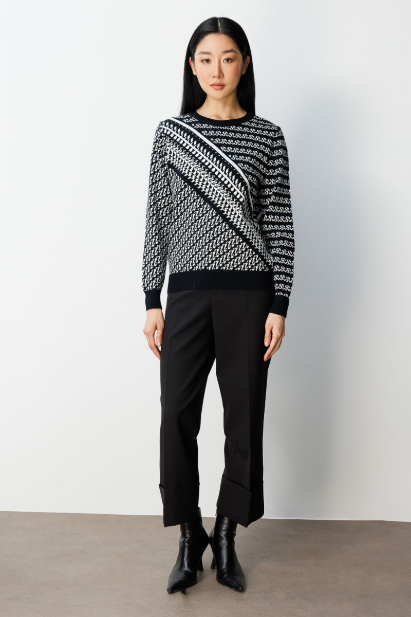 On Kadın Sıfır Yaka Desenli Kazak 65300 Siyah - 3