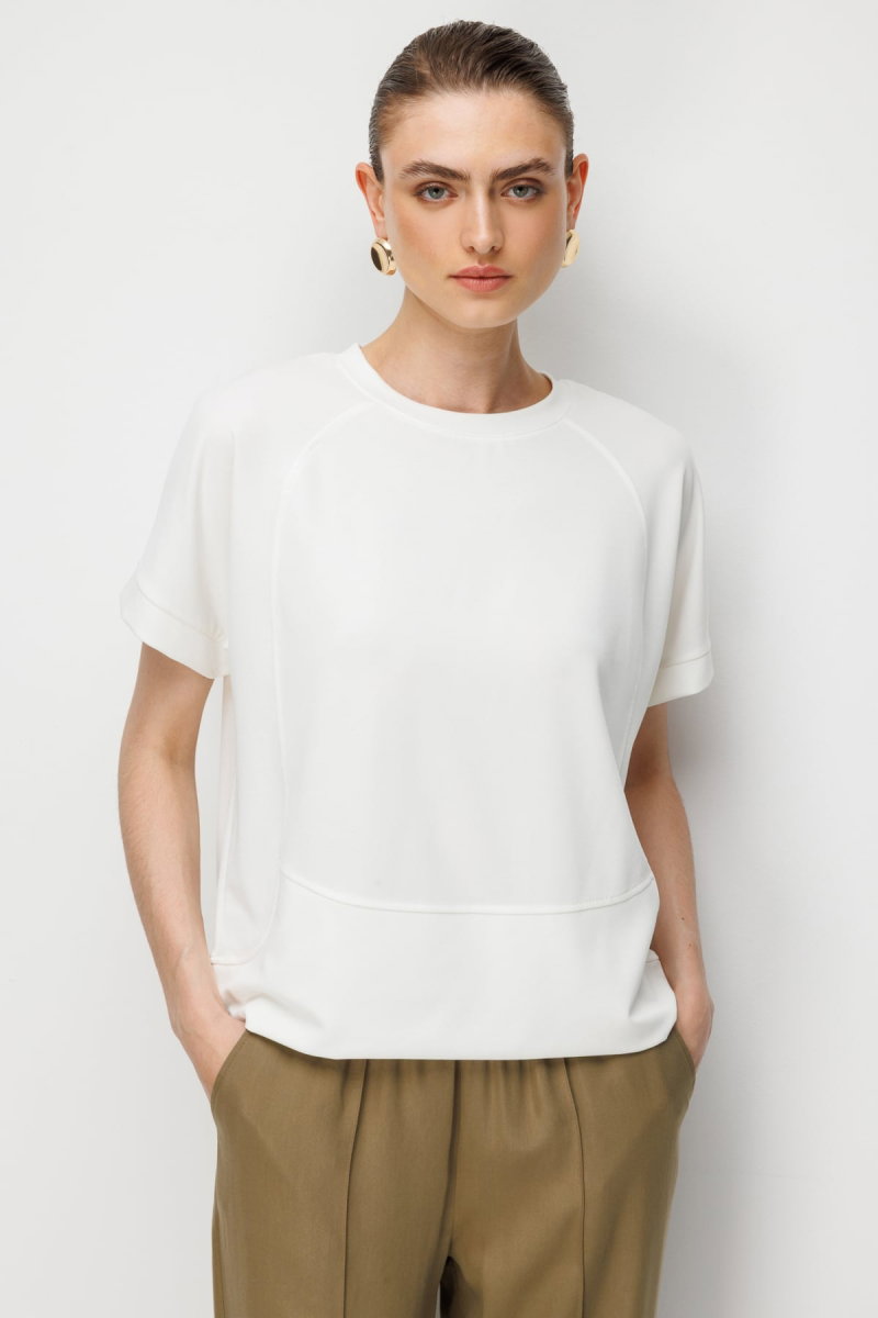 On Kadın Sıfır Yaka Dikiş Detaylı T-Shirt 76429 Ekru - 1