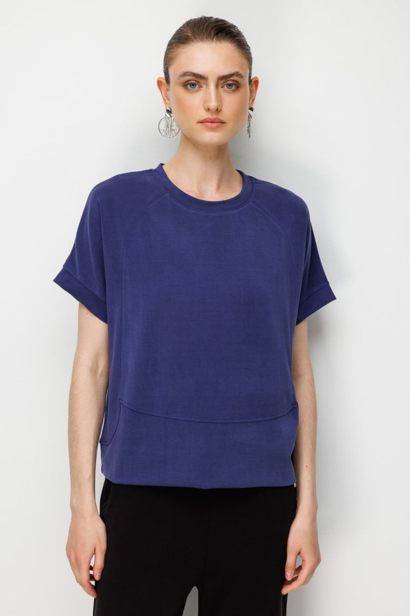 On Kadın Sıfır Yaka Dikiş Detaylı T-Shirt 76429 Indigo - 2