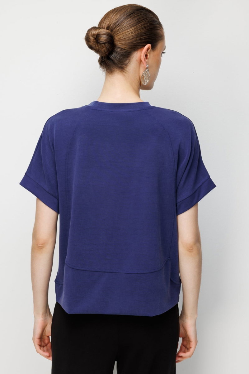 On Kadın Sıfır Yaka Dikiş Detaylı T-Shirt 76429 Indigo - 4