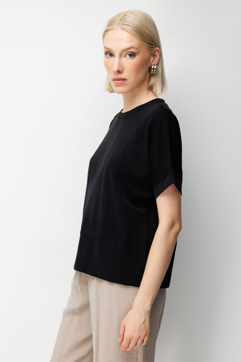On Kadın Sıfır Yaka Dikiş Detaylı T-Shirt 76429 Siyah - 2