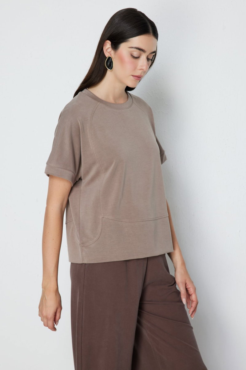 On Kadın Sıfır Yaka Dikiş Detaylı T-Shirt 76429 Vizon - 2