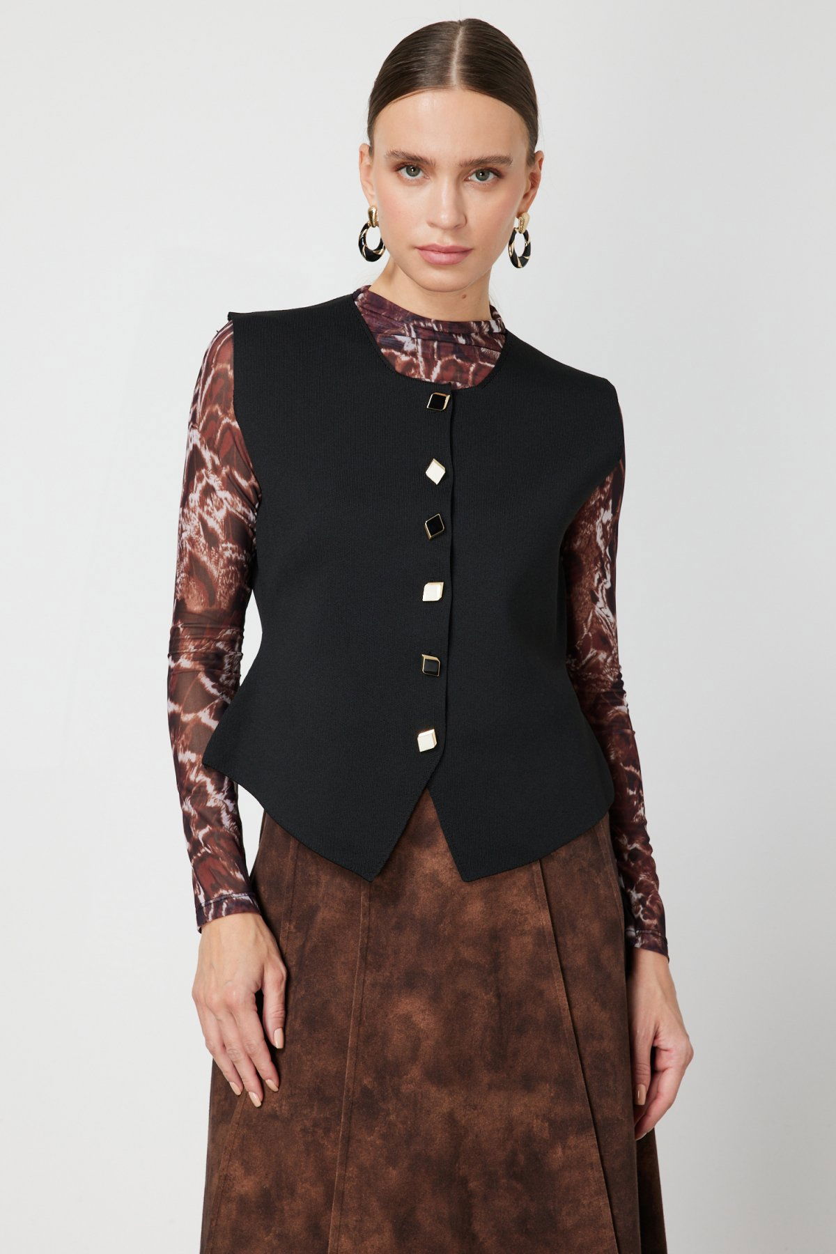 On Kadın Sıfır Yaka Düğmeli Triko Yelek 66947 Siyah - 1