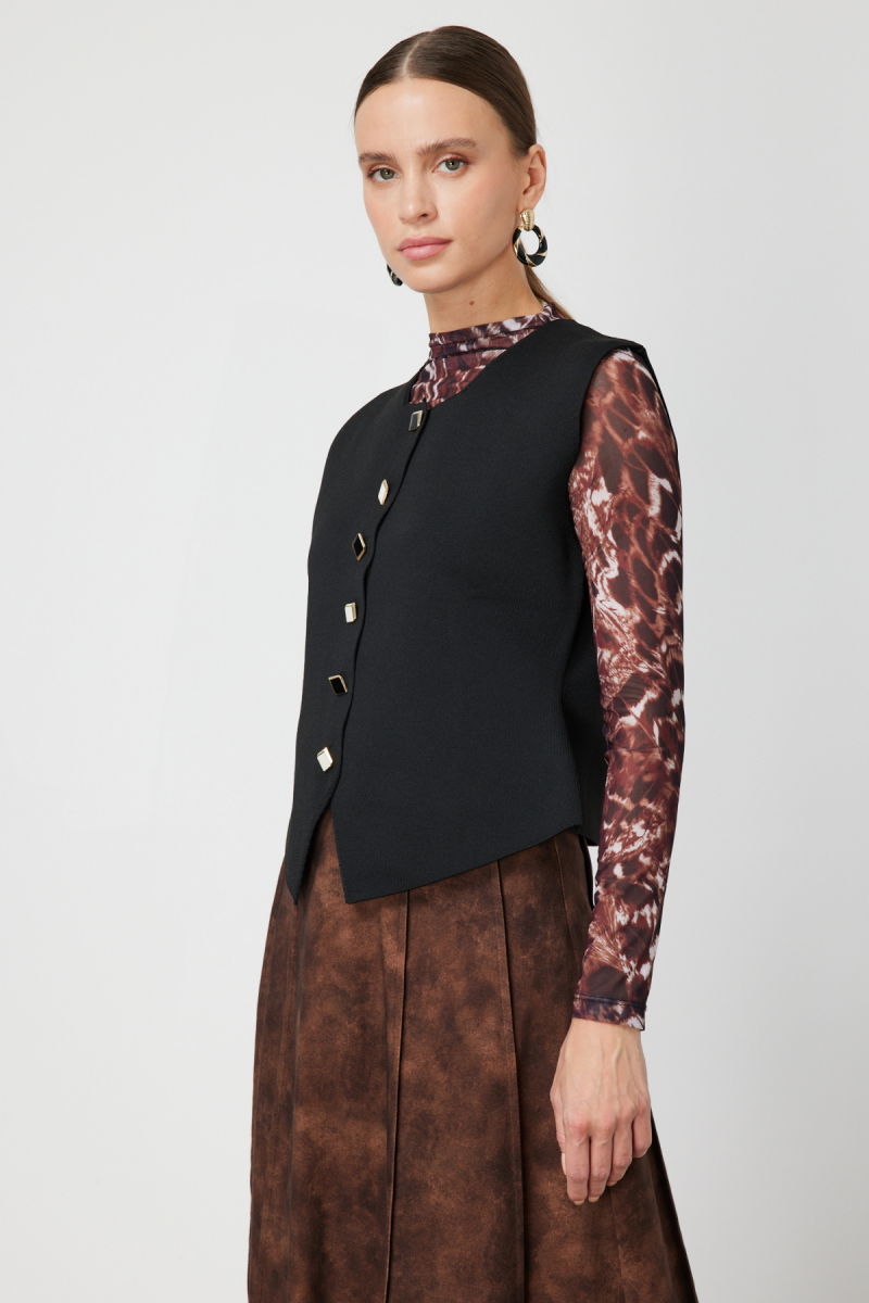 On Kadın Sıfır Yaka Düğmeli Triko Yelek 66947 Siyah - 2