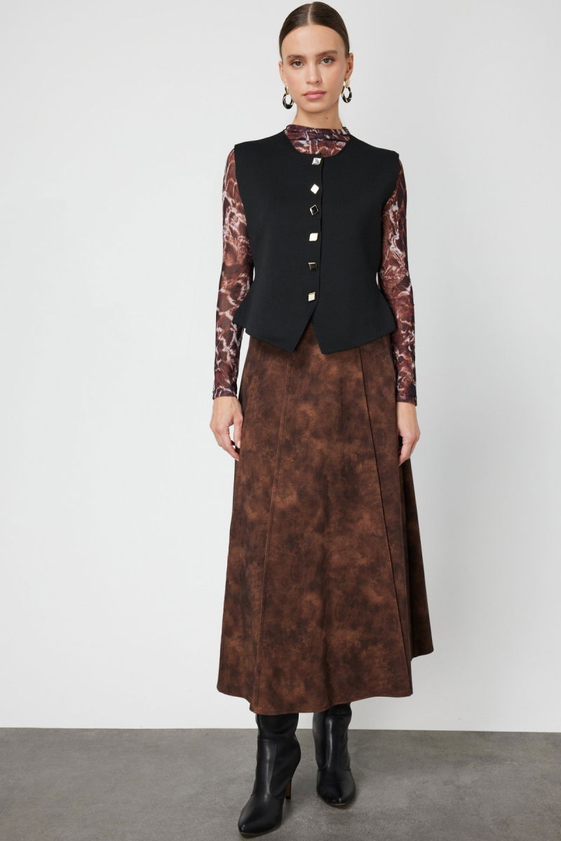 On Kadın Sıfır Yaka Düğmeli Triko Yelek 66947 Siyah - 3