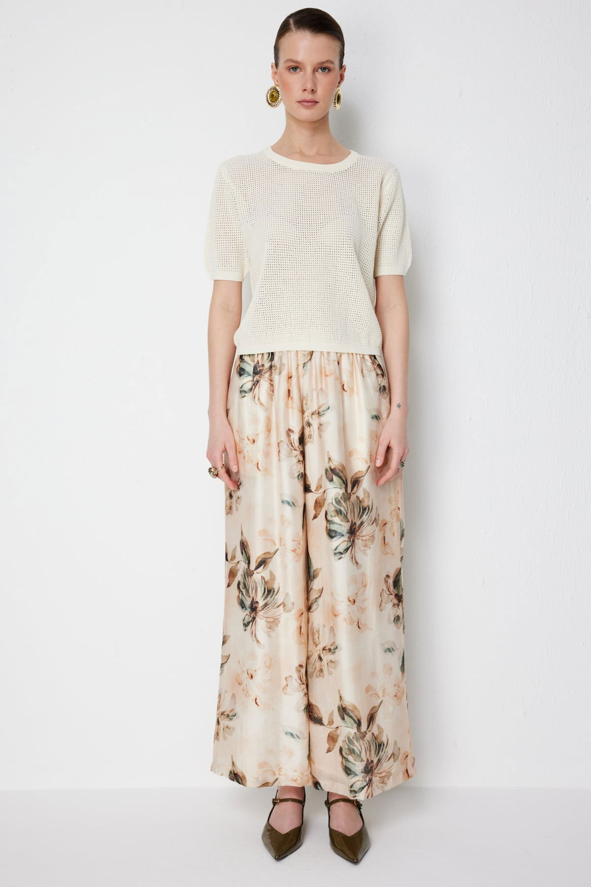 On Kadın Sıfır Yaka Fileli Bluz 79307 Ekru - 4