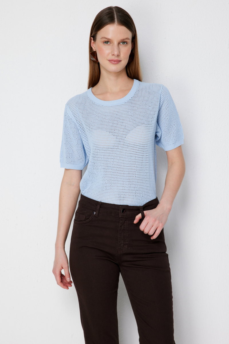 On Kadın Sıfır Yaka Fileli Bluz 79307 Mavi - 2