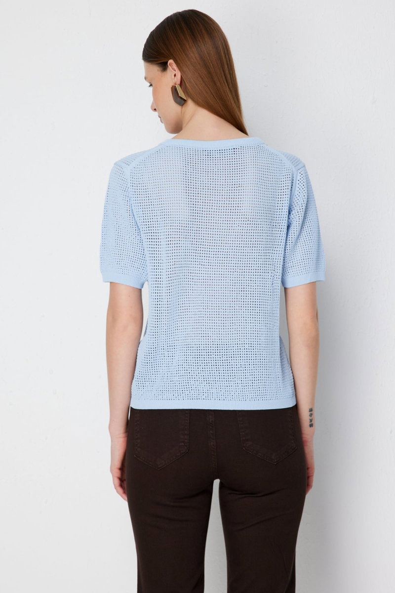 On Kadın Sıfır Yaka Fileli Bluz 79307 Mavi - 4