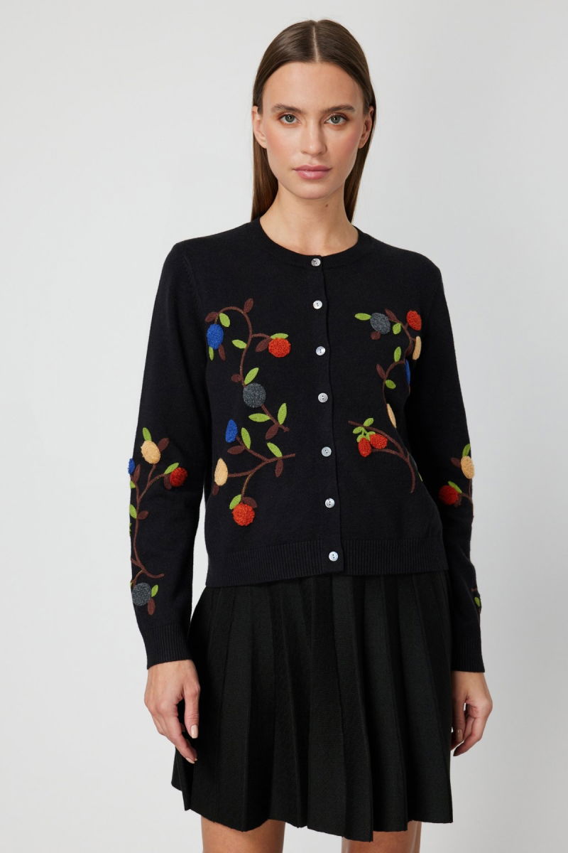 On Kadın Sıfır Yaka İşlemeli Triko Hırka 60940 Siyah 