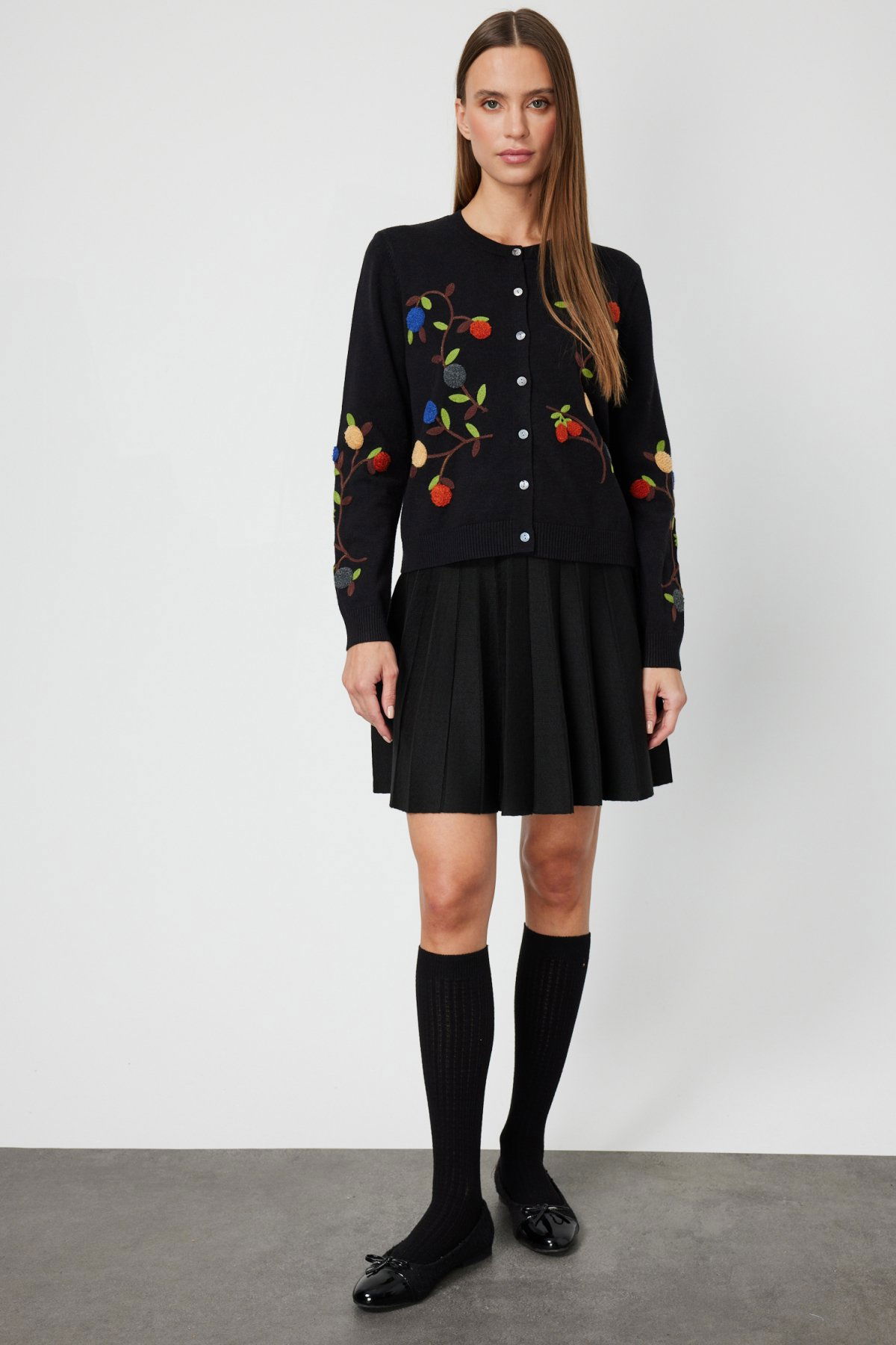 On Kadın Sıfır Yaka İşlemeli Triko Hırka 60940 Siyah - 3