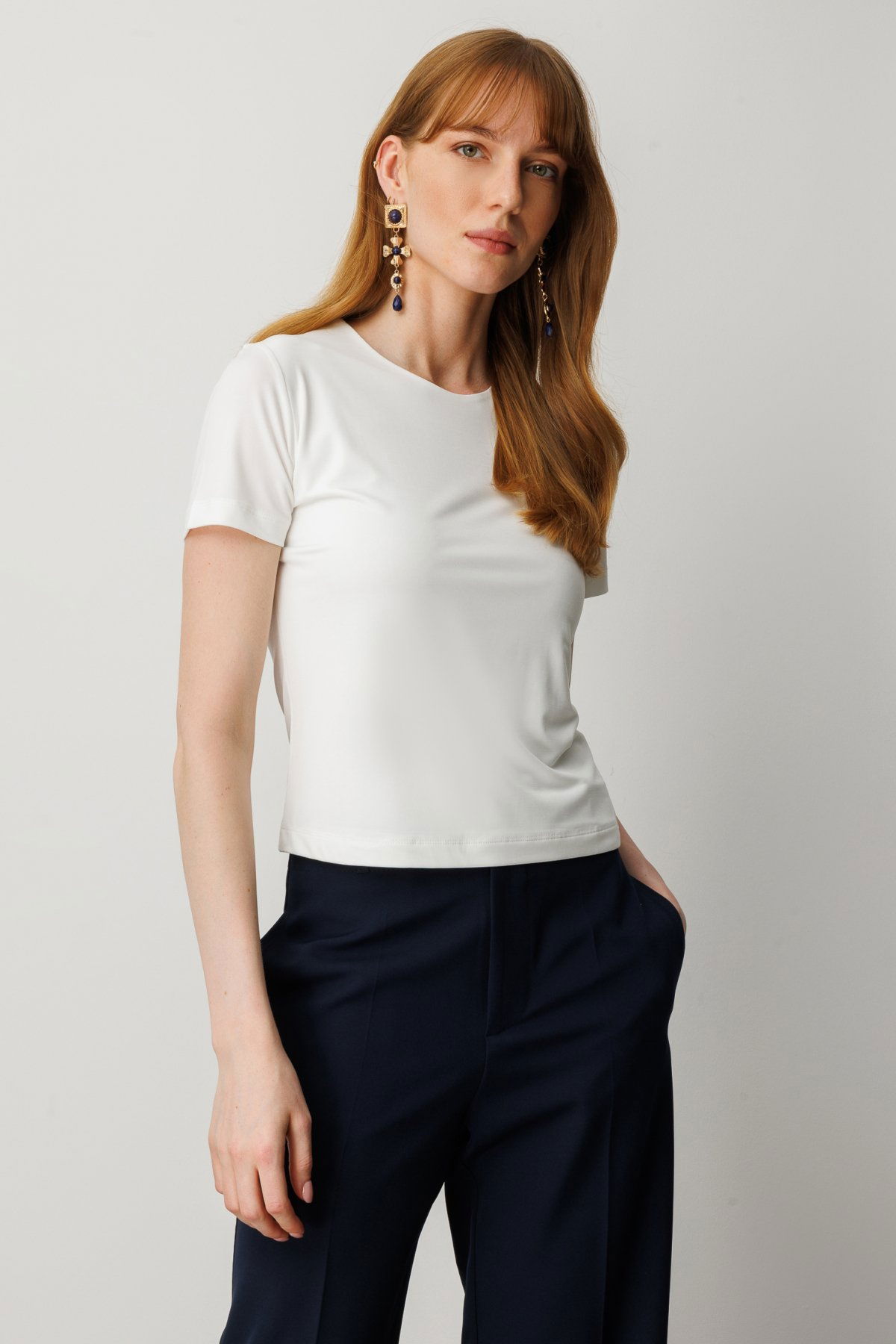 On Kadın Sıfır Yaka Kısa Kol Basic Bluz 61334 Ekru - 2