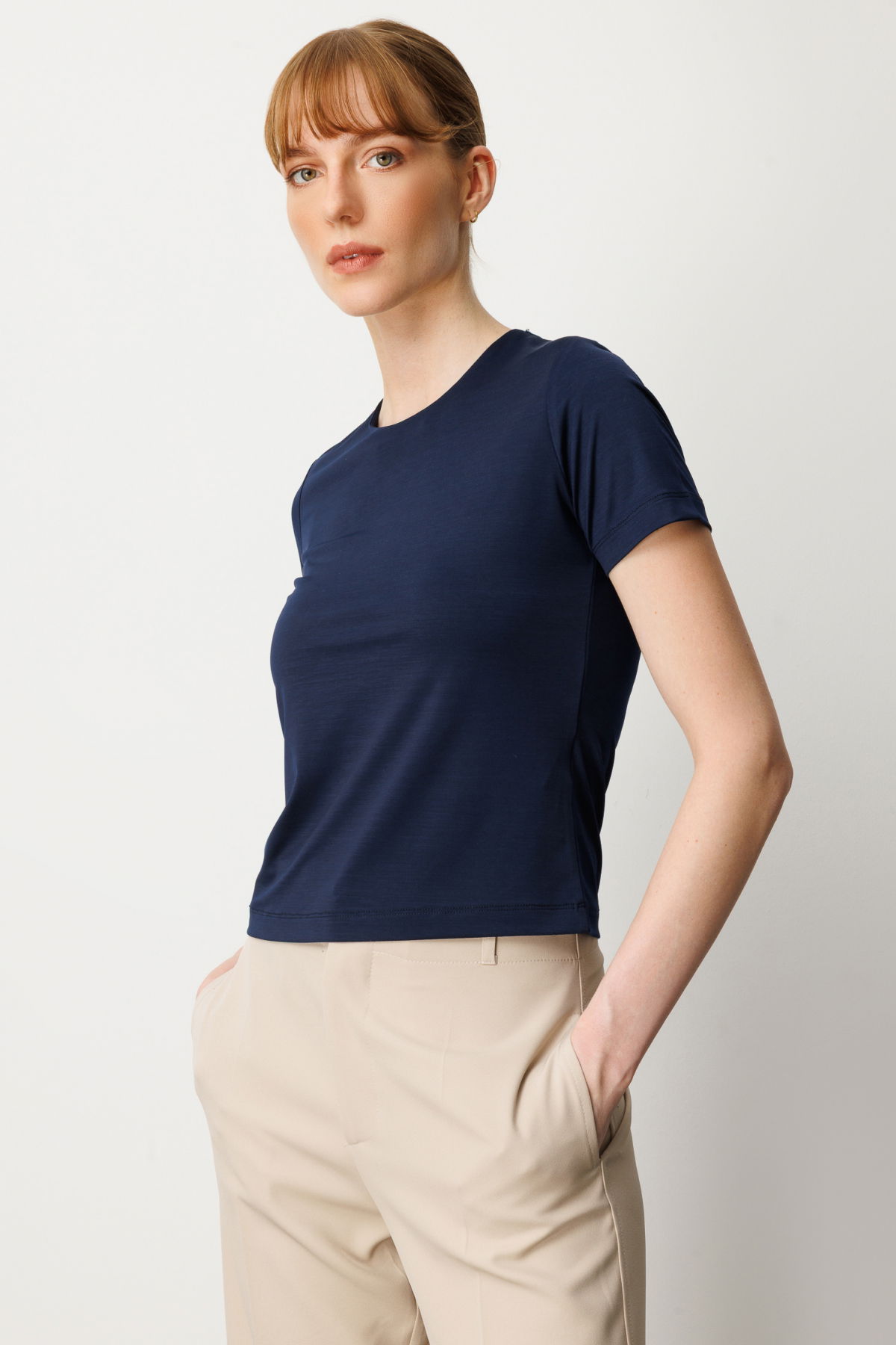 On Kadın Sıfır Yaka Kısa Kol Basic Bluz 61334 Lacivert - 2