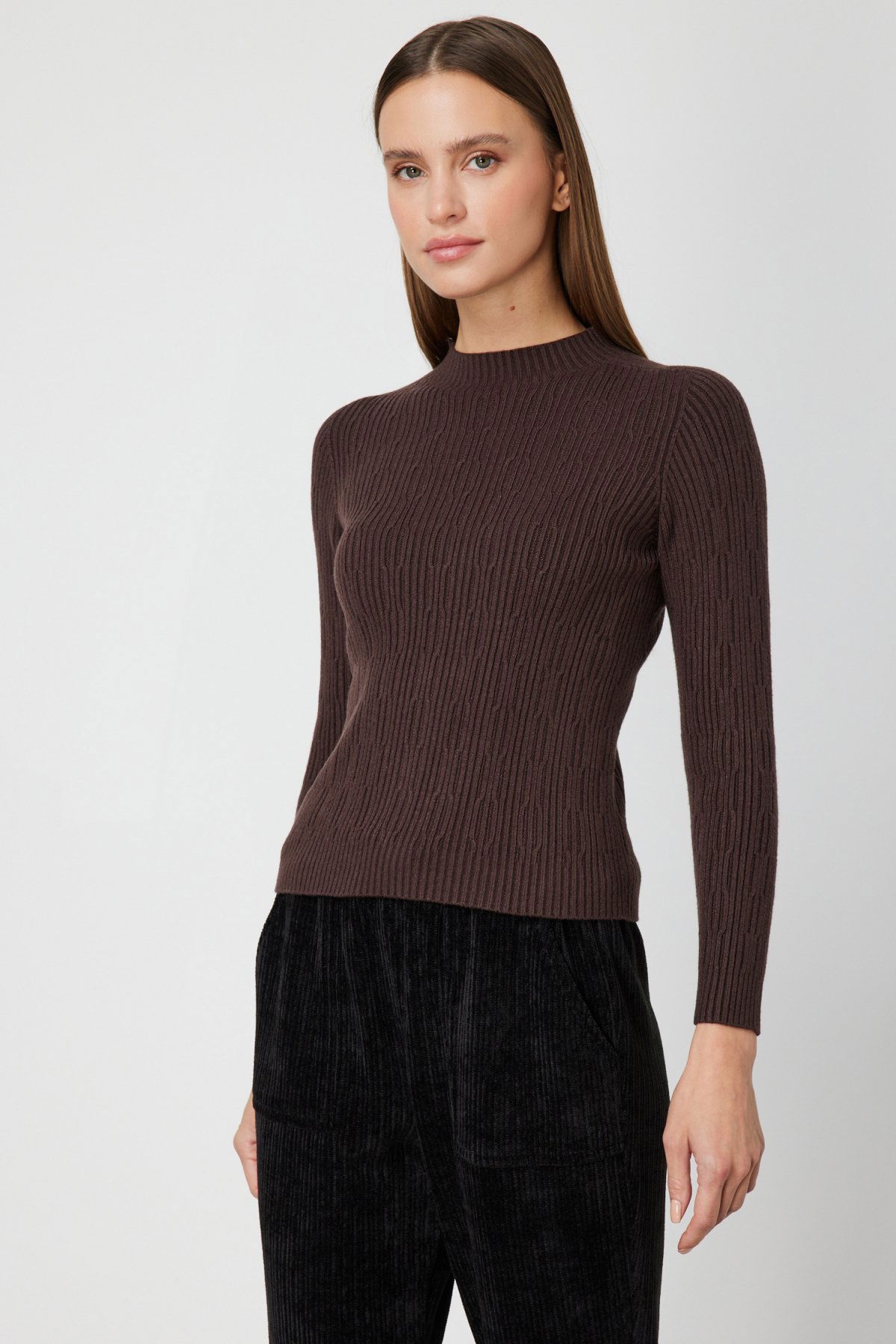 On Kadın Sıfır Yaka Örgü Desenli Triko Kazak 69314 Kahverengi - 1