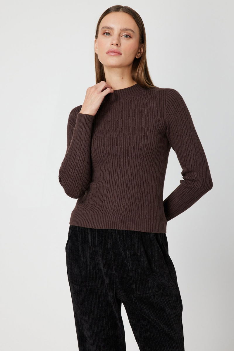 On Kadın Sıfır Yaka Örgü Desenli Triko Kazak 69314 Kahverengi - 2