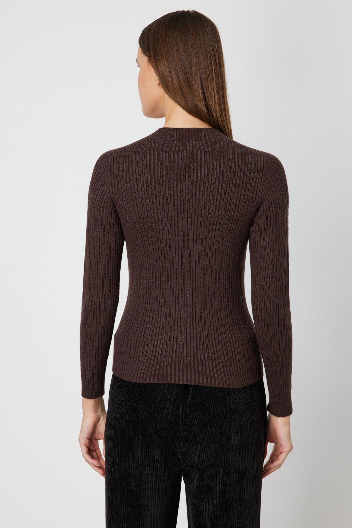 On Kadın Sıfır Yaka Örgü Desenli Triko Kazak 69314 Kahverengi - 4