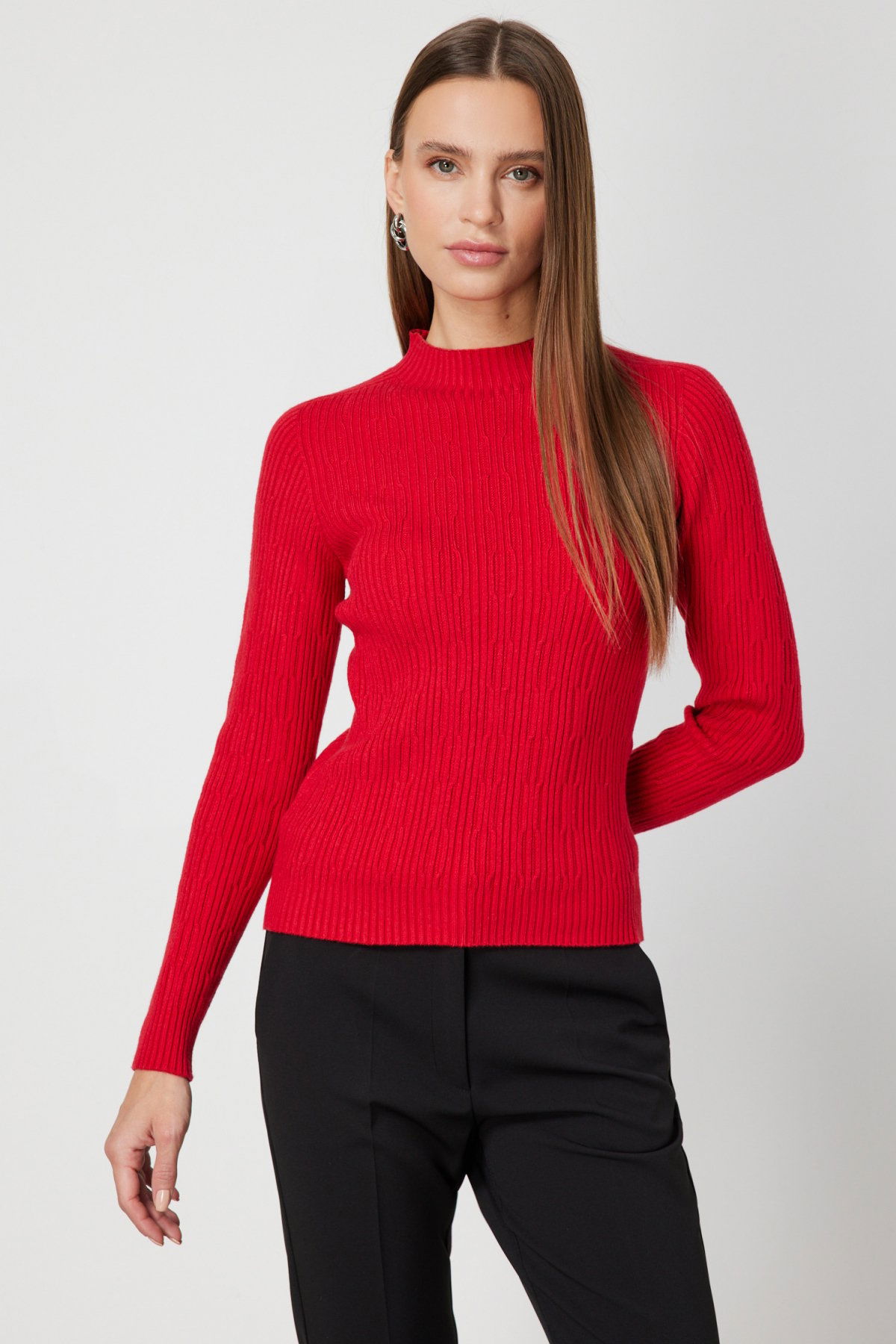 On Kadın Sıfır Yaka Örgü Desenli Triko Kazak 69314 Kırmızı - 1