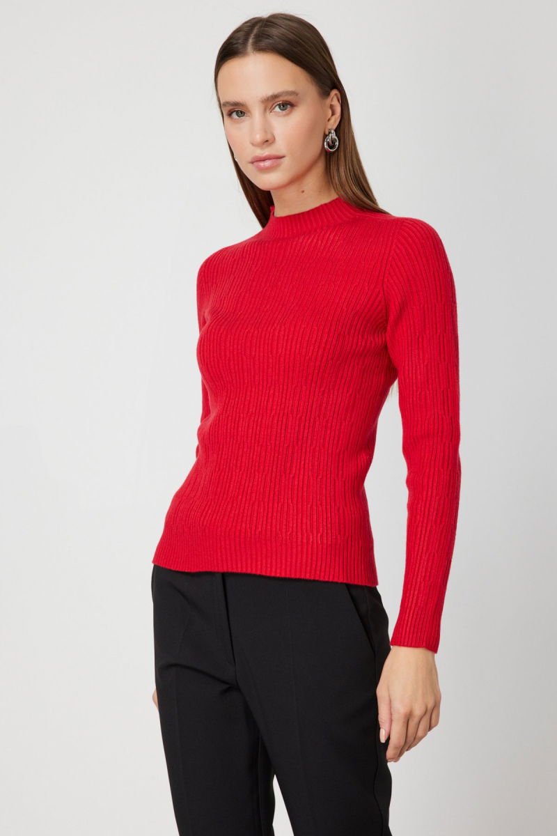 On Kadın Sıfır Yaka Örgü Desenli Triko Kazak 69314 Kırmızı - 2