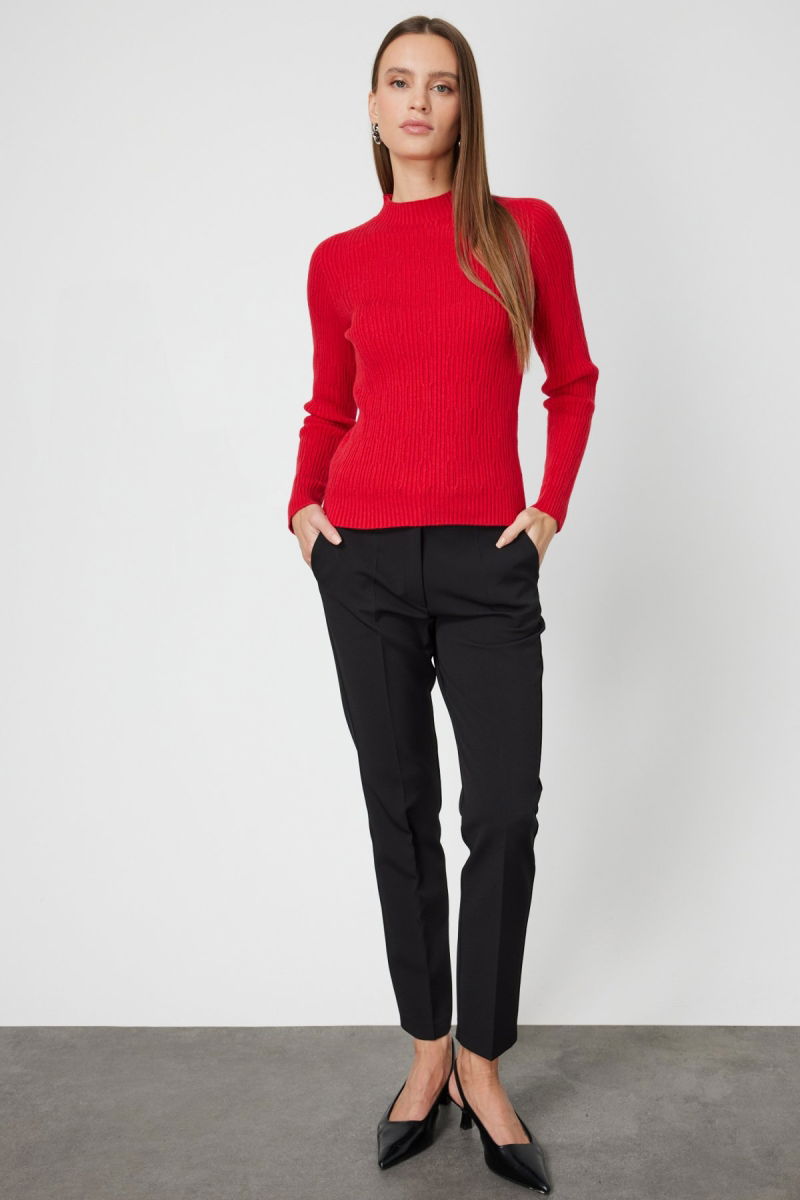 On Kadın Sıfır Yaka Örgü Desenli Triko Kazak 69314 Kırmızı - 3