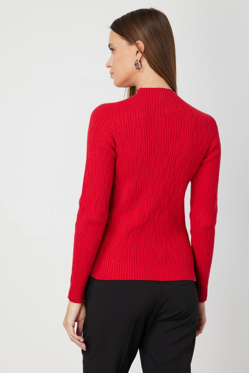 On Kadın Sıfır Yaka Örgü Desenli Triko Kazak 69314 Kırmızı - 4