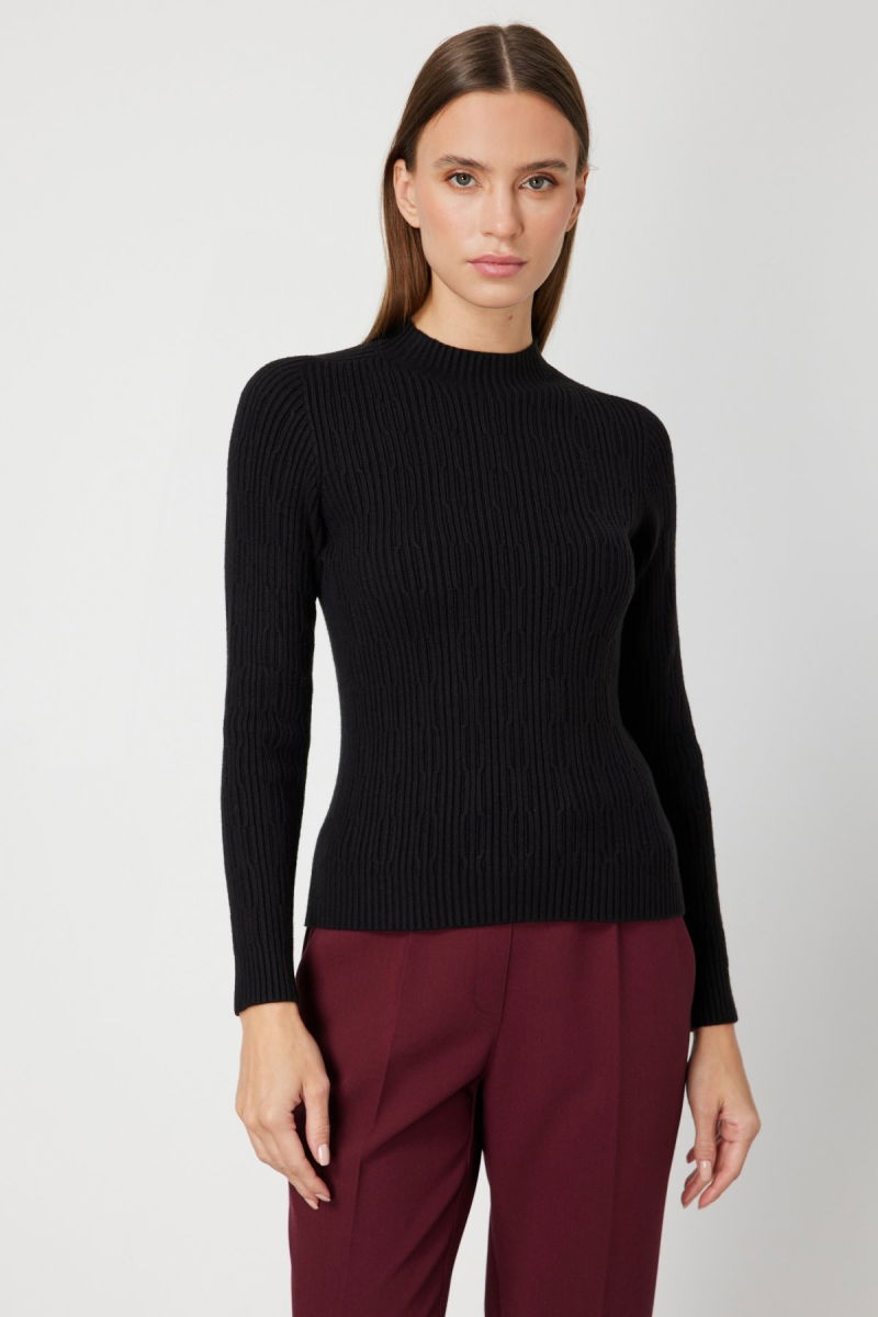 On Kadın Sıfır Yaka Örgü Desenli Triko Kazak 69314 Siyah - On