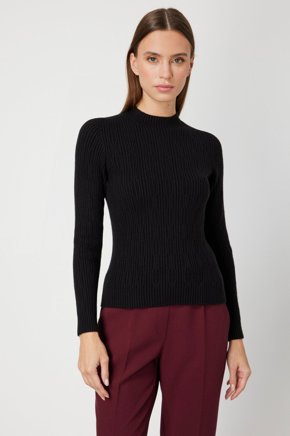 On Kadın Sıfır Yaka Örgü Desenli Triko Kazak 69314 Siyah - 1