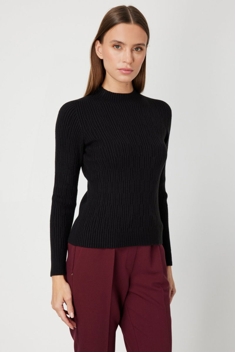 On Kadın Sıfır Yaka Örgü Desenli Triko Kazak 69314 Siyah - 3