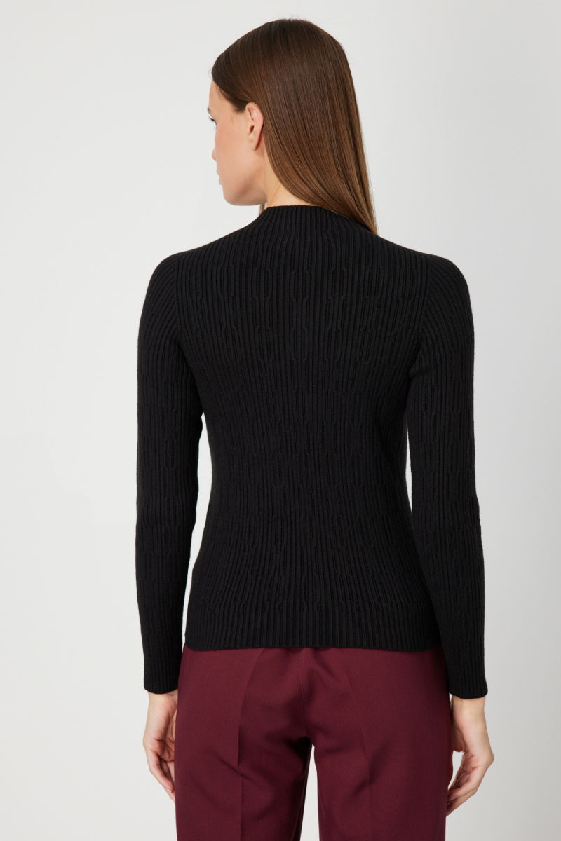 On Kadın Sıfır Yaka Örgü Desenli Triko Kazak 69314 Siyah - 4