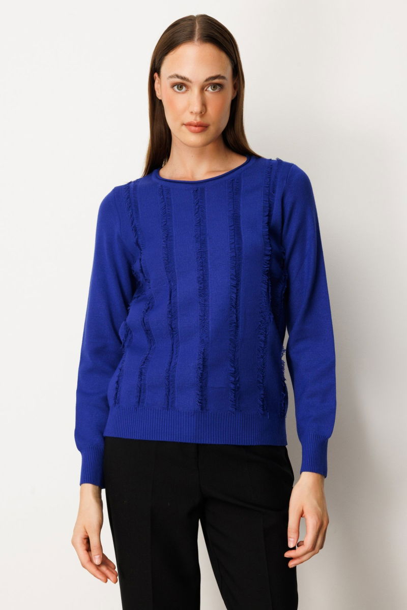 On Kadın Sıfır Yaka Püskül Detaylı Triko Kazak 65306 Saks - On