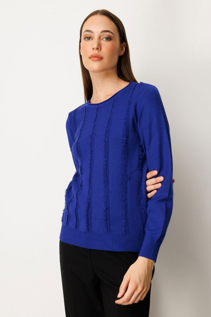 On Kadın Sıfır Yaka Püskül Detaylı Triko Kazak 65306 Saks - 2