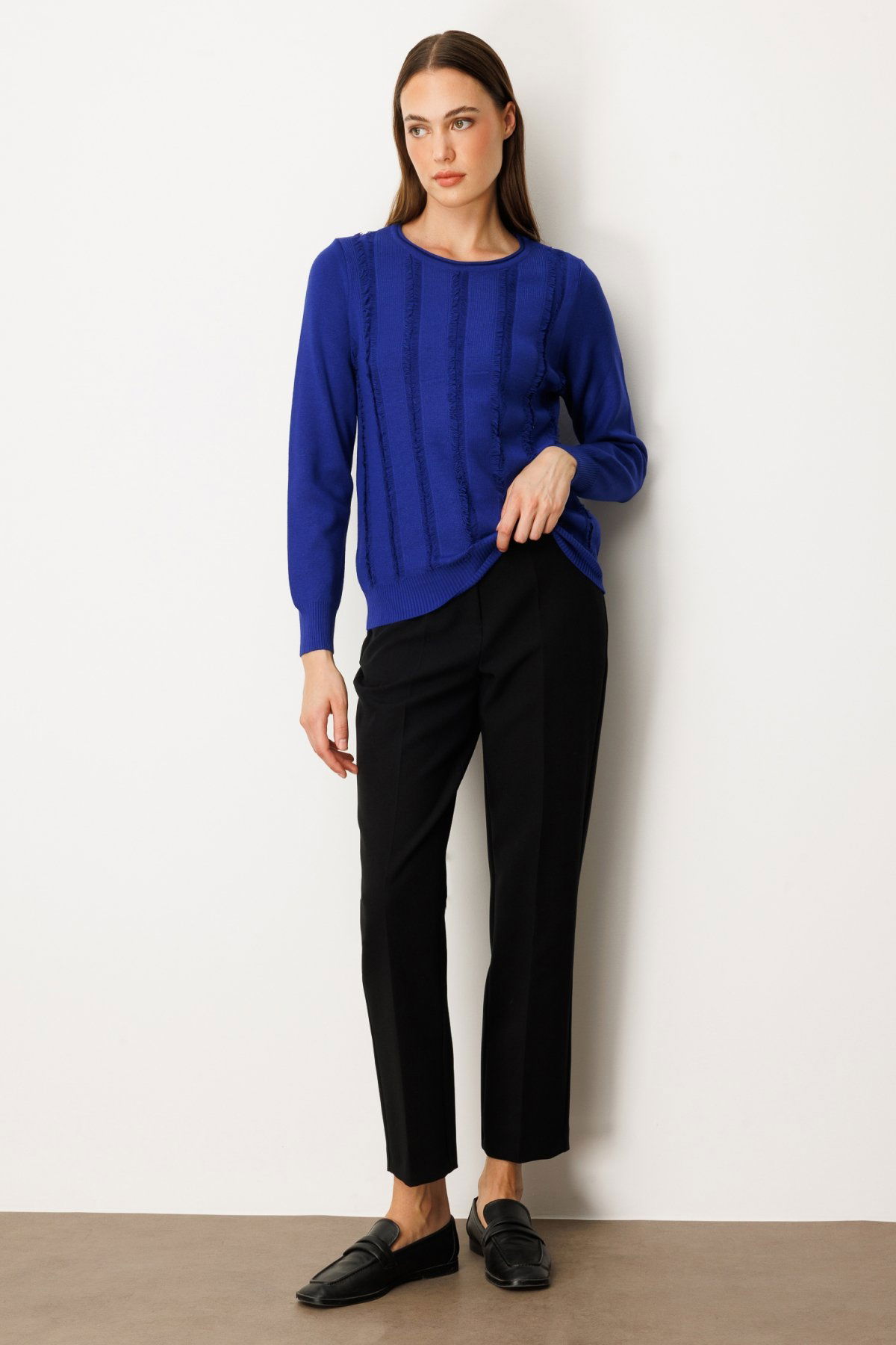 On Kadın Sıfır Yaka Püskül Detaylı Triko Kazak 65306 Saks - 3