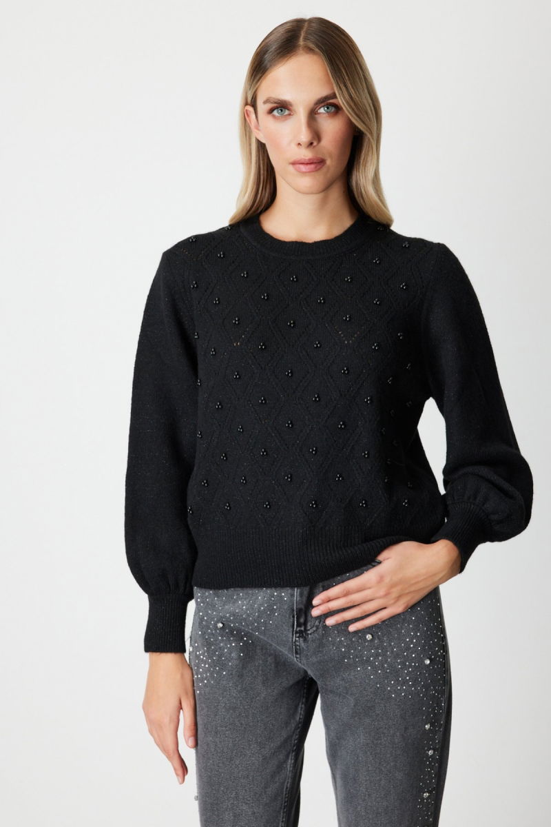 On Kadın Sim Detaylı İncili Kazak 63316 Siyah - On