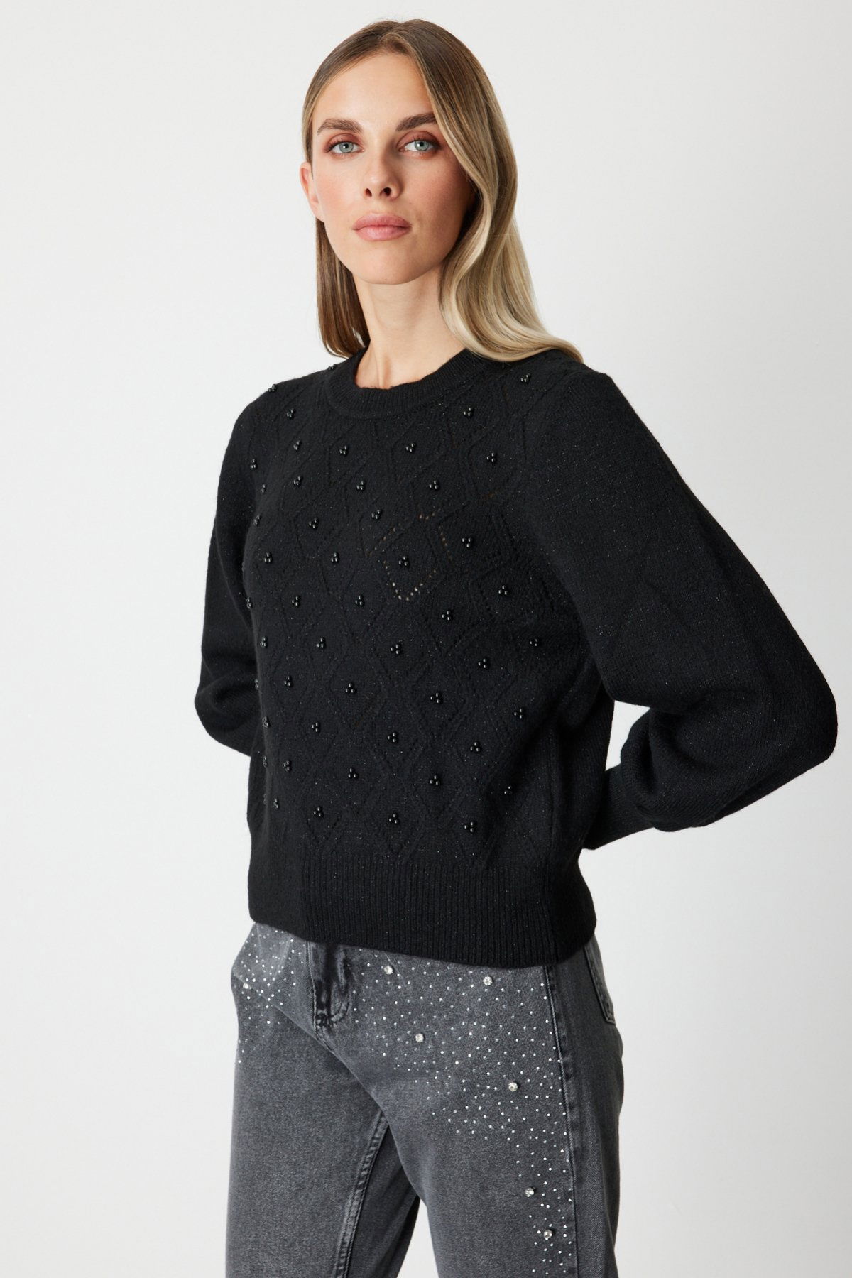 On Kadın Sim Detaylı İncili Kazak 63316 Siyah - 2