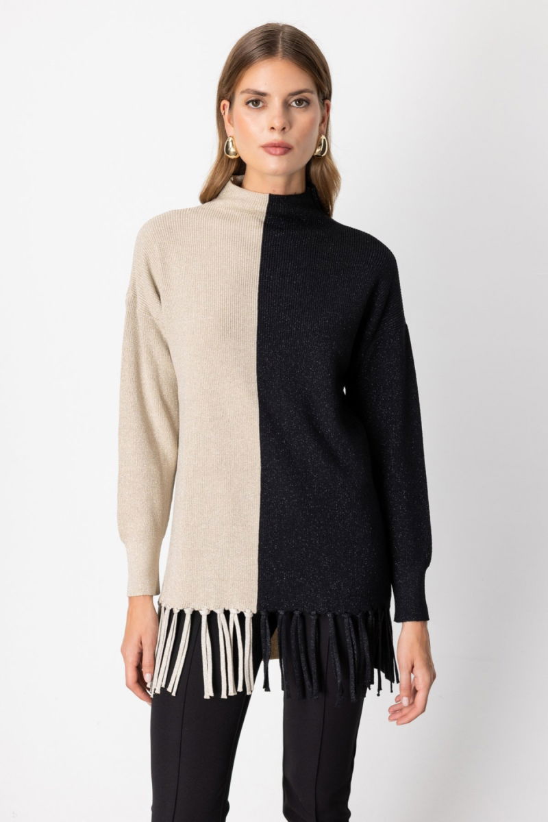 On Kadın Simli Kumaş Püsküllü Kazak 65377 Bej - On