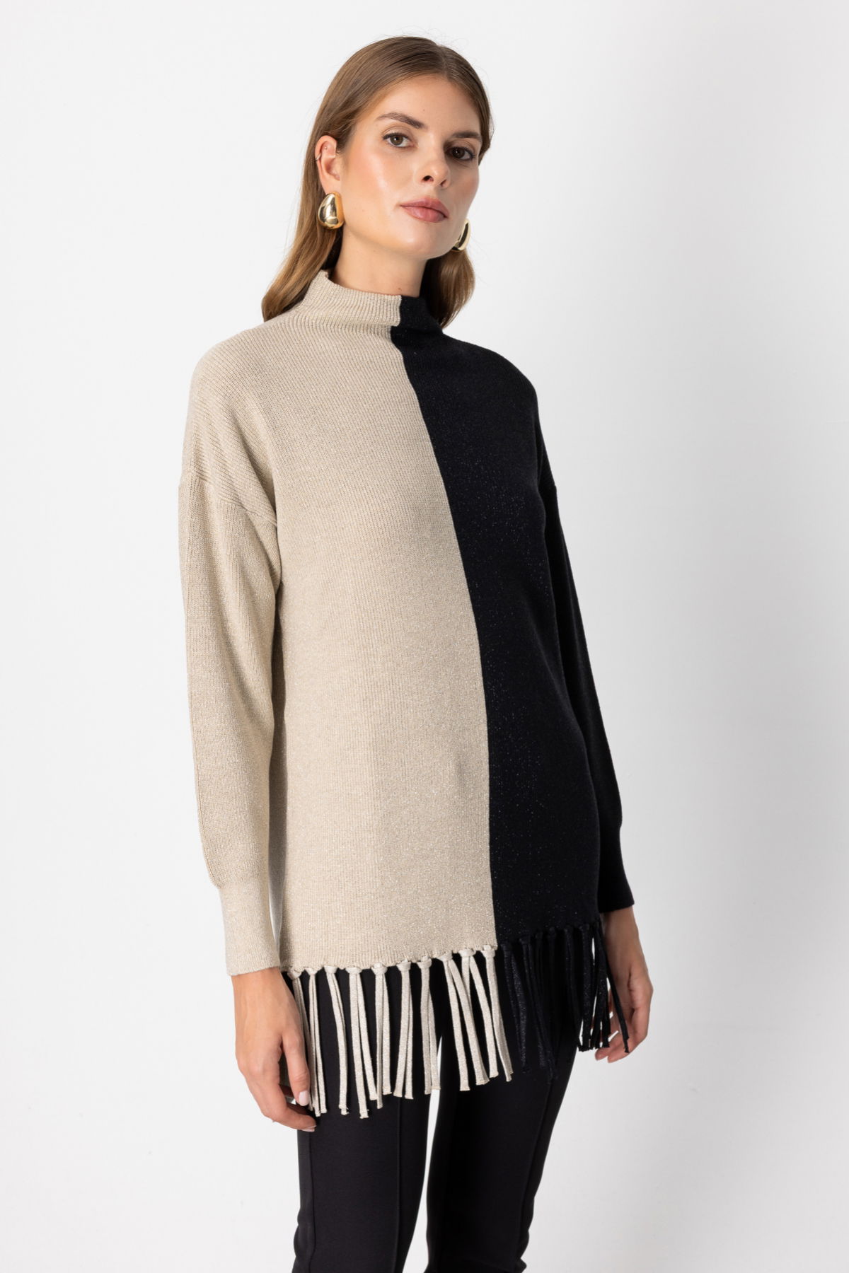 On Kadın Simli Kumaş Püsküllü Kazak 65377 Bej - 2