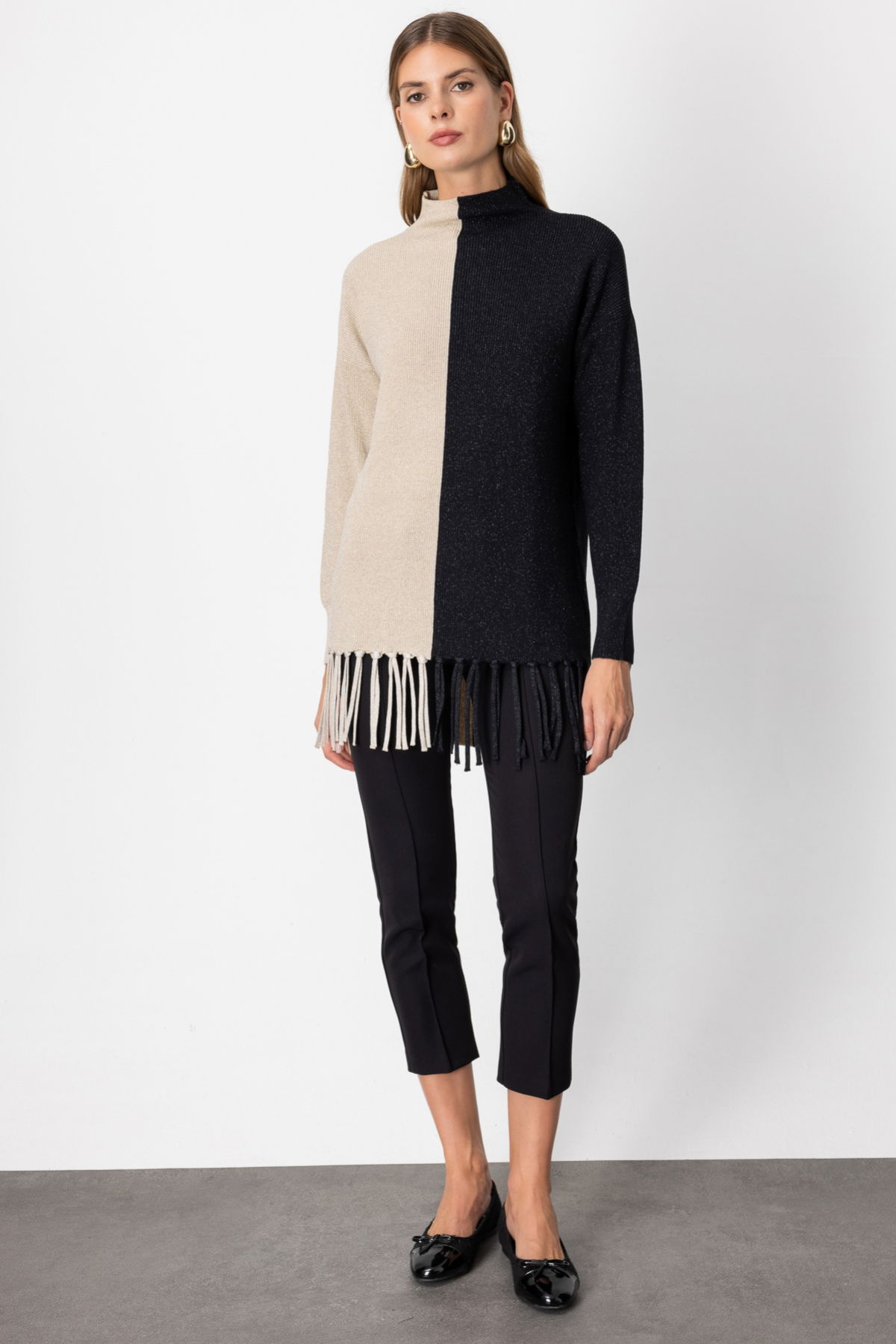 On Kadın Simli Kumaş Püsküllü Kazak 65377 Bej - 3