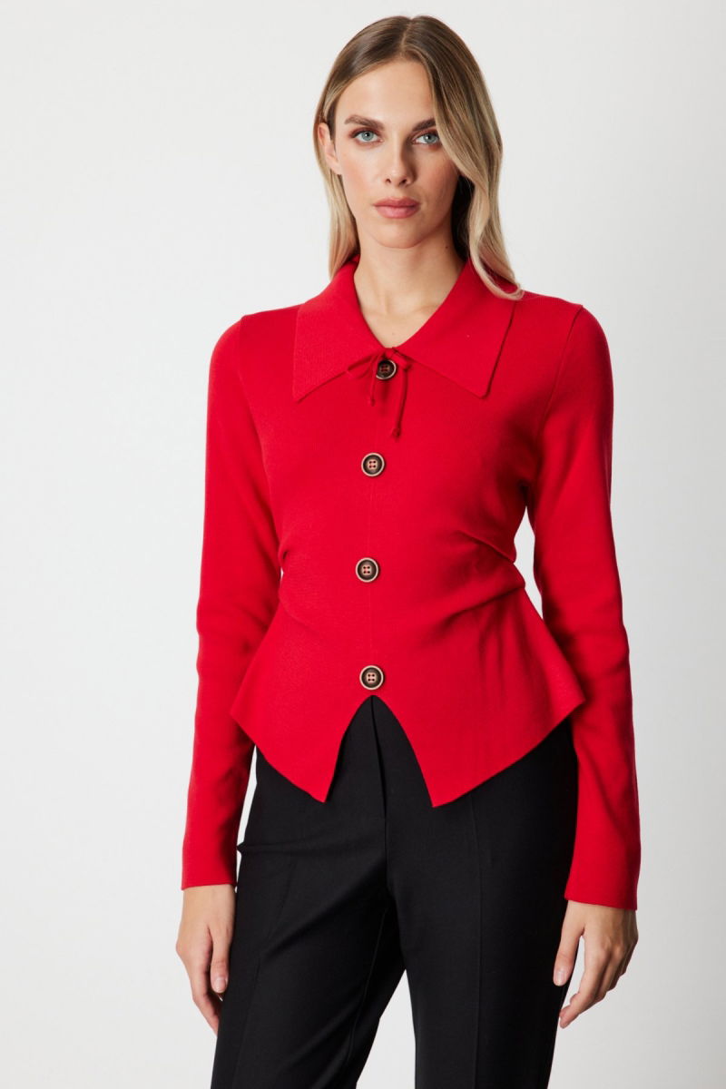 On Kadın Süs Düğmeli Büzgü Detaylı Triko Kazak 65353 Kırmızı - On