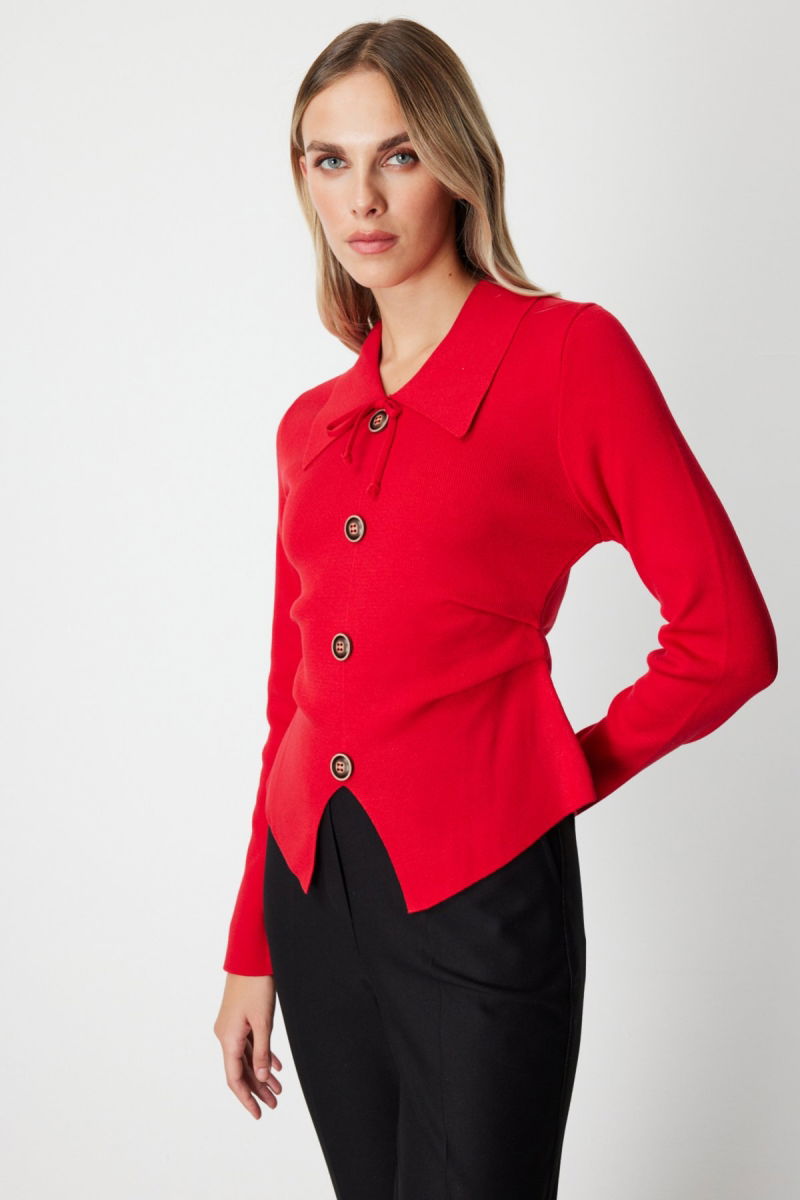 On Kadın Süs Düğmeli Büzgü Detaylı Triko Kazak 65353 Kırmızı - 2