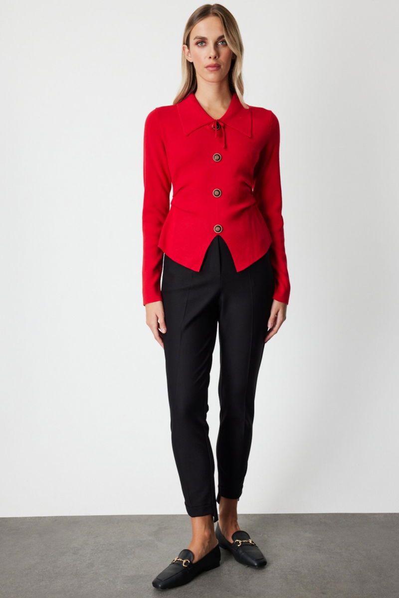 On Kadın Süs Düğmeli Büzgü Detaylı Triko Kazak 65353 Kırmızı - 3