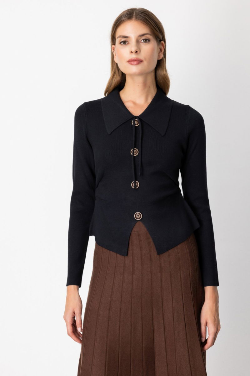 On Kadın Süs Düğmeli Büzgü Detaylı Triko Kazak 65353 Siyah - On